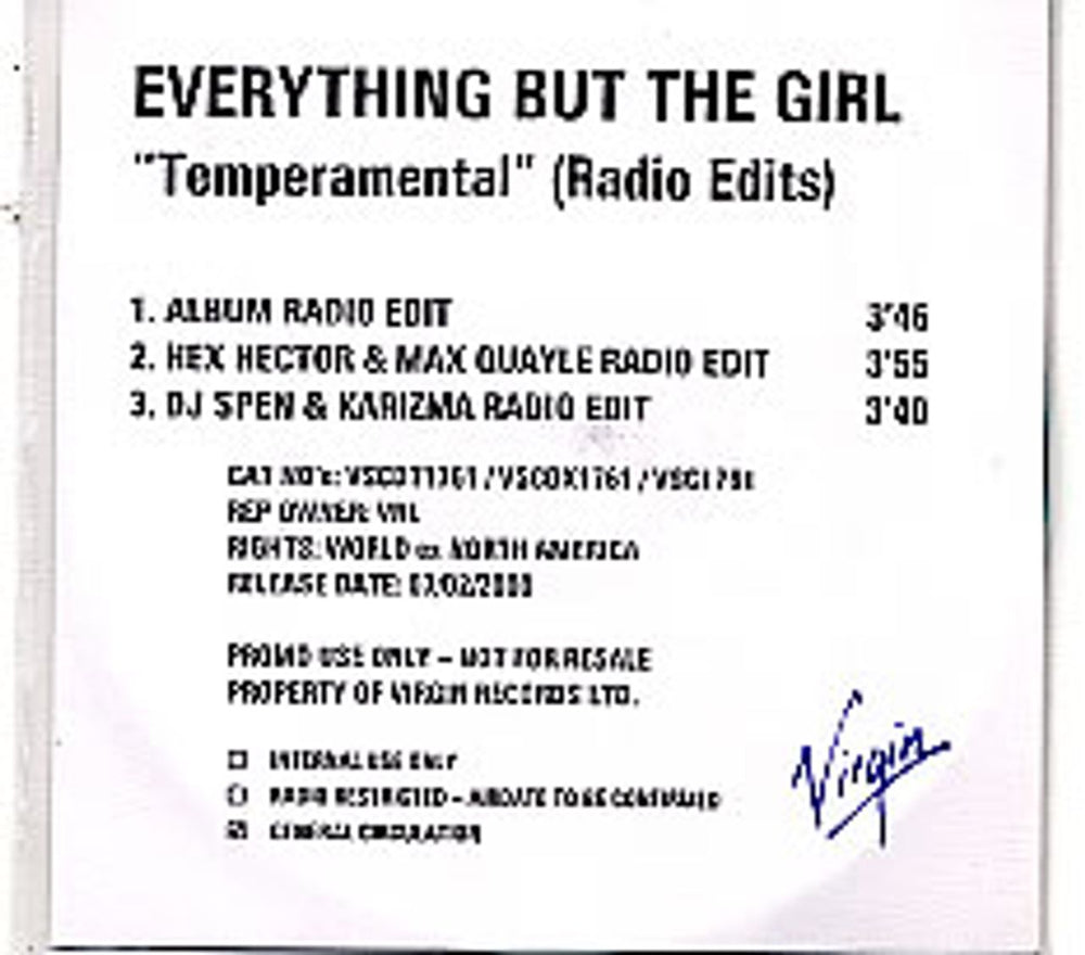 Everything But The Girl Temperamental [Radio Edits] US Promo CD-R acetate CDR ACETATE