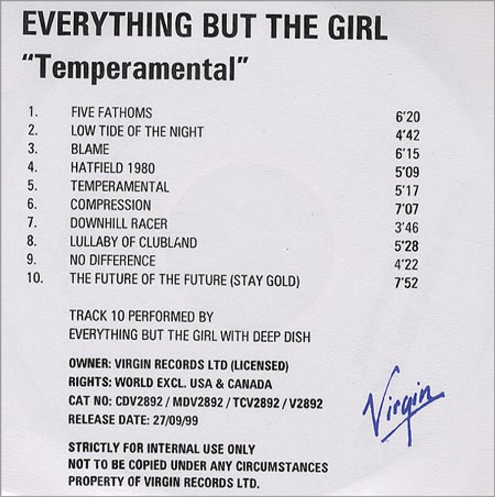 Everything But The Girl Temperamental UK Promo CD-R acetate CD ACETATE