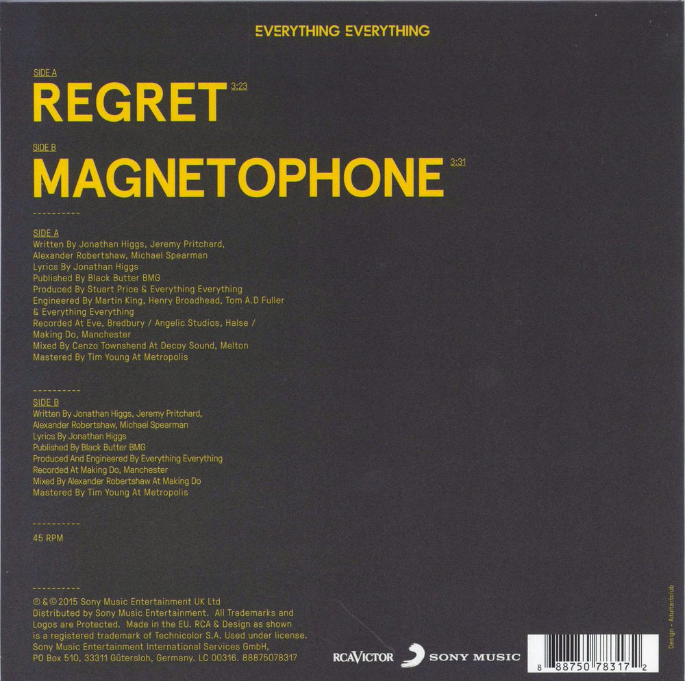 Everything Everything Regret UK 7" vinyl single (7 inch record / 45) 888750783172