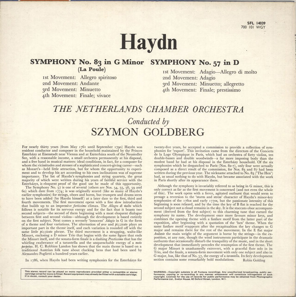 Franz Joseph Haydn Symphony No. 83 in G Minor "La Poule" / Symphony No. 57 in D UK vinyl LP album (LP record)