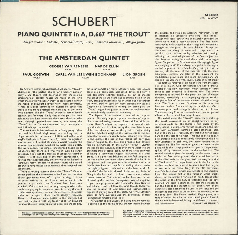 Franz Schubert Schubert:  Piano Quintet In A, D.667 "The Trout" UK vinyl LP album (LP record)