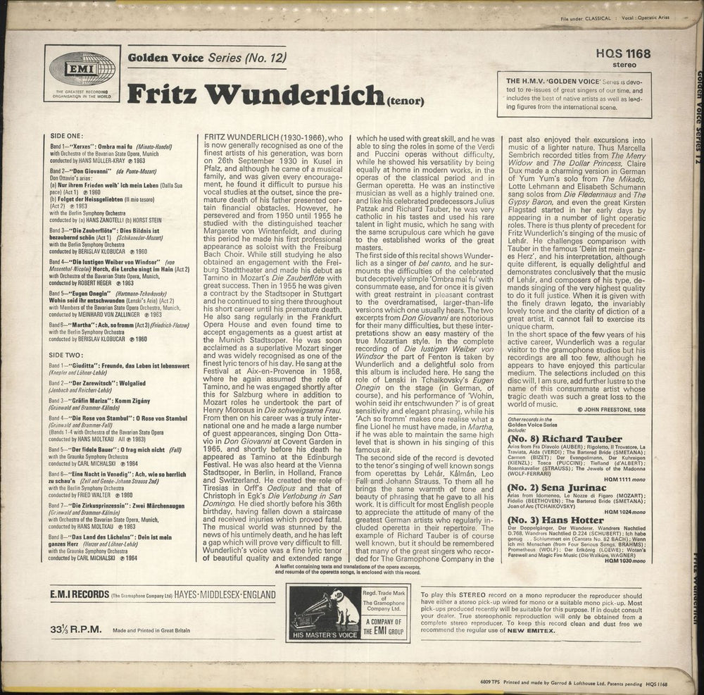 Fritz Wunderlich Opera And Operetta Arias UK vinyl LP album (LP record)