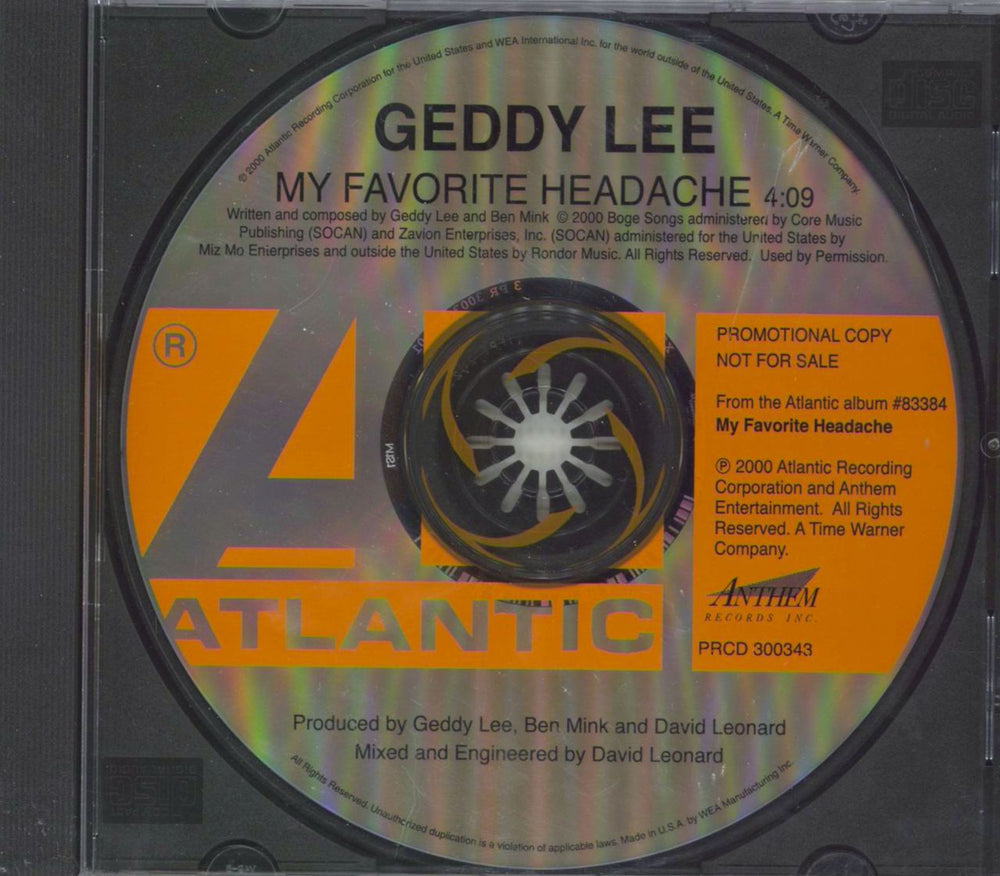 Geddy Lee My Favourite Headache US Promo CD single (CD5 / 5") PRCD300343