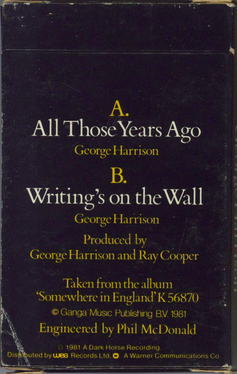 George Harrison All Those Years Ago UK cassette single GHACSAL52922