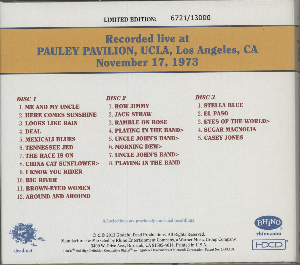 Grateful Dead Dave's Picks Volume 5: Pauley Pavilion, UCLA, Los Angeles, CA 11/17/73 US 3-CD album set (Triple CD) GRD3CDA790398