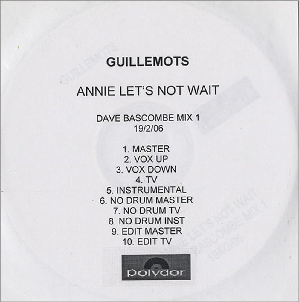 Guillemots Annie Let's Not Wait - Dave Bascombe Mix UK Promo CD-R acetate CD-R ACETATE