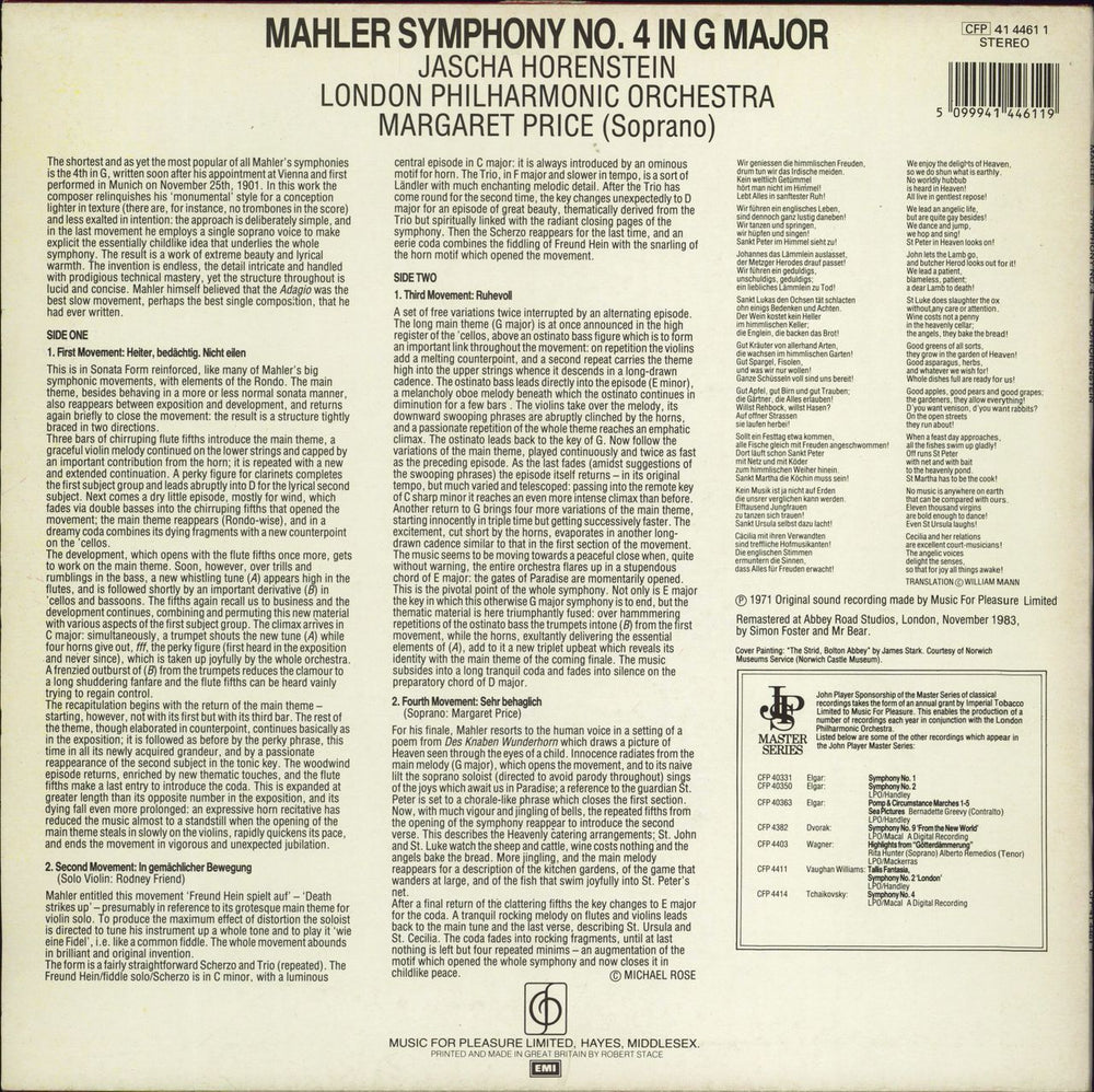 Gustav Mahler Symphony No 4 UK vinyl LP album (LP record)