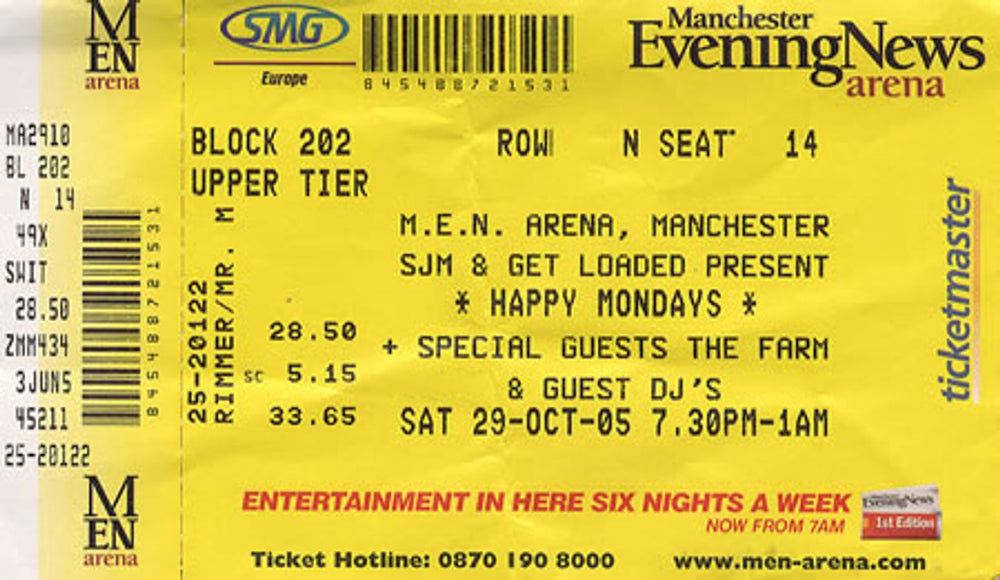 Happy Mondays M.E.N. Arena UK concert ticket USED TICKETS