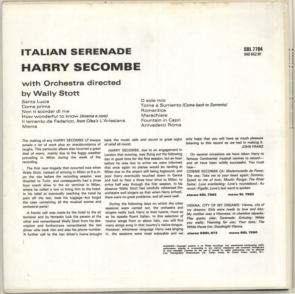 Harry Secombe Italian Serenade UK vinyl LP album (LP record)