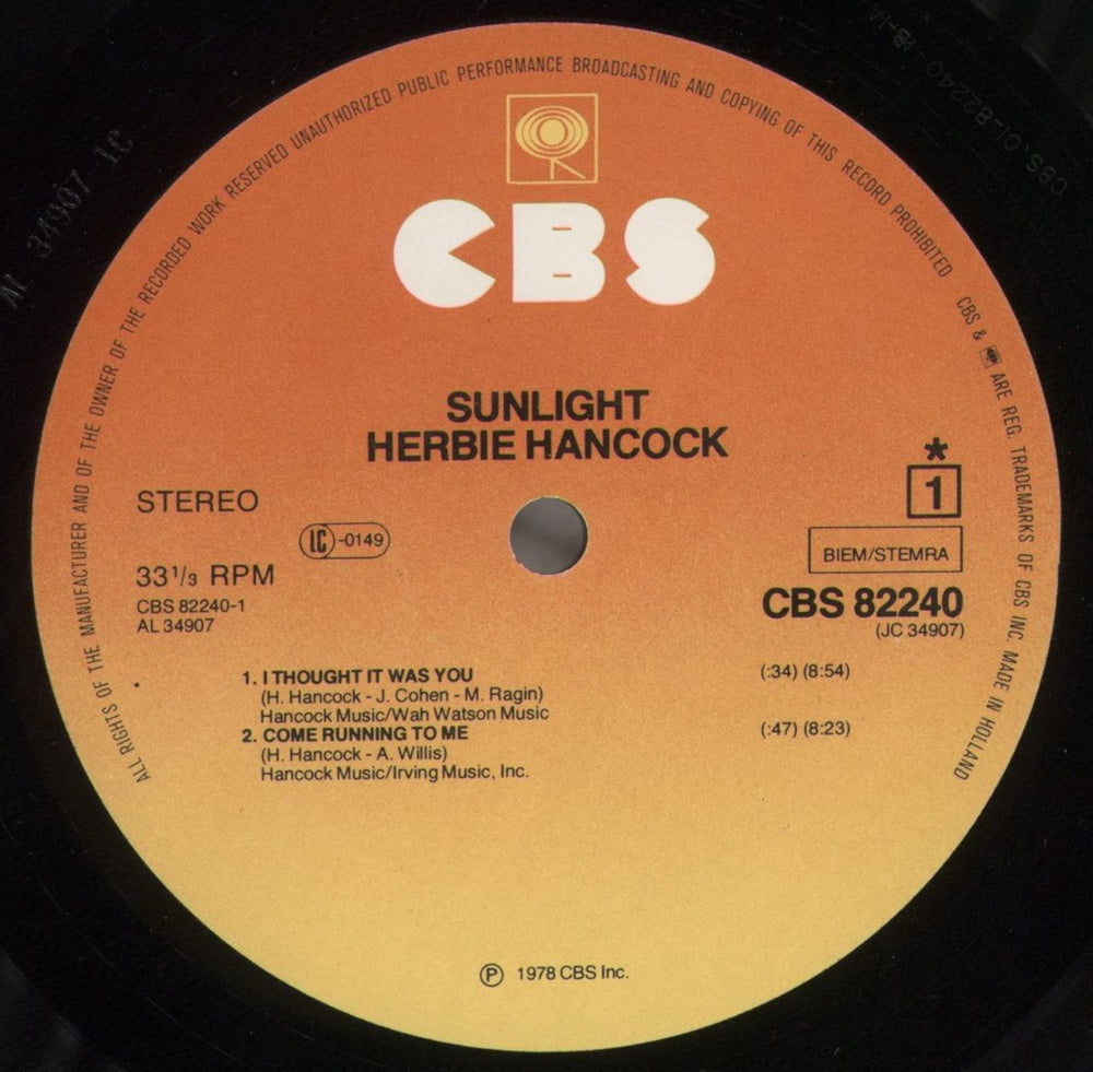 Herbie Hancock Sunlight UK vinyl LP album (LP record) HHALPSU240228