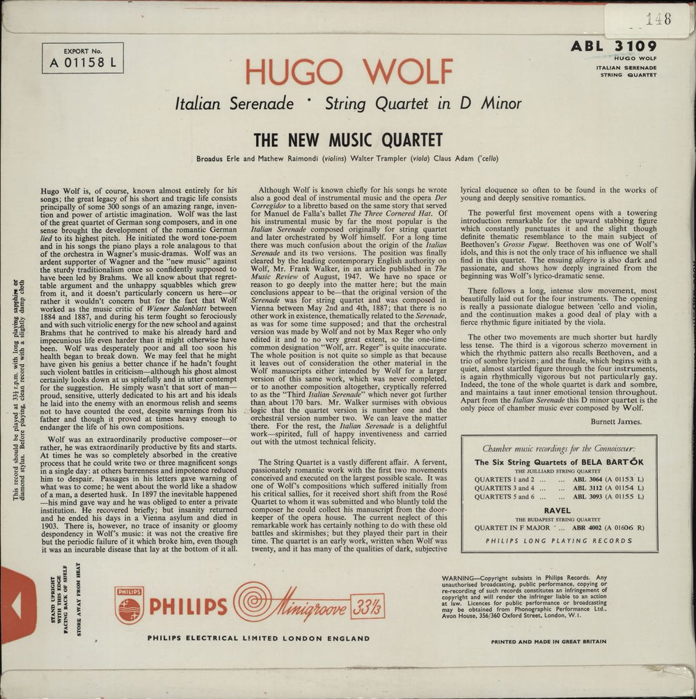Hugo Wolf Italian Serenade/ String Quartet In D Minor UK vinyl LP album (LP record)
