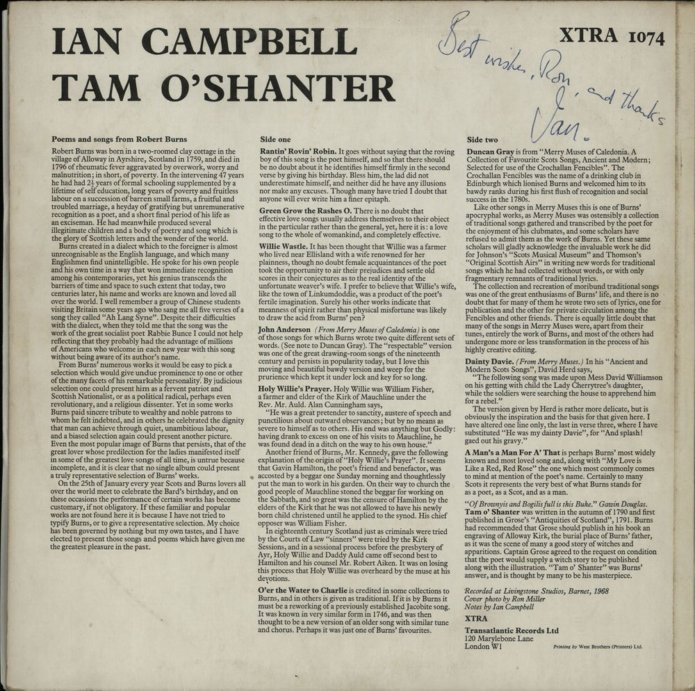 Ian Campbell Tam O'Shanter - Autographed UK vinyl LP album (LP record) IC-LPTA645369