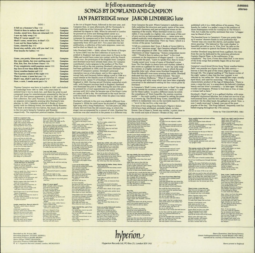 Ian Partridge It Fell On A Summer's Day: Songs By Dowland And Campion UK vinyl LP album (LP record)