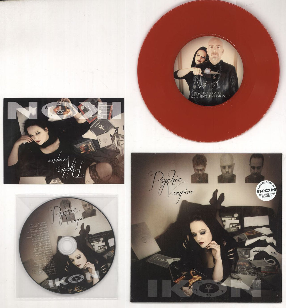 Ikon Psychic Vampire - Red Vinyl + CD & Postcard Australian 7" vinyl single (7 inch record / 45) PV716