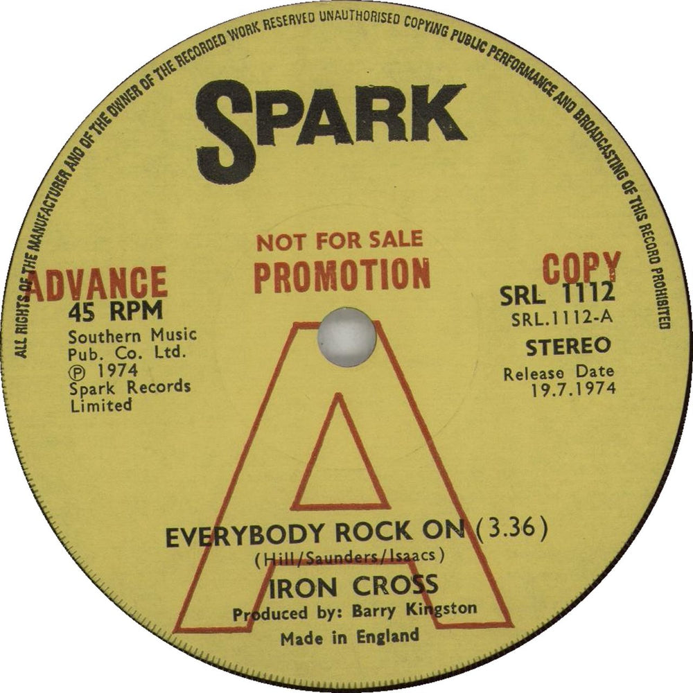 Iron Cross Everybody Rock On - A Label UK Promo 7" vinyl single (7 inch record / 45) SRL1112