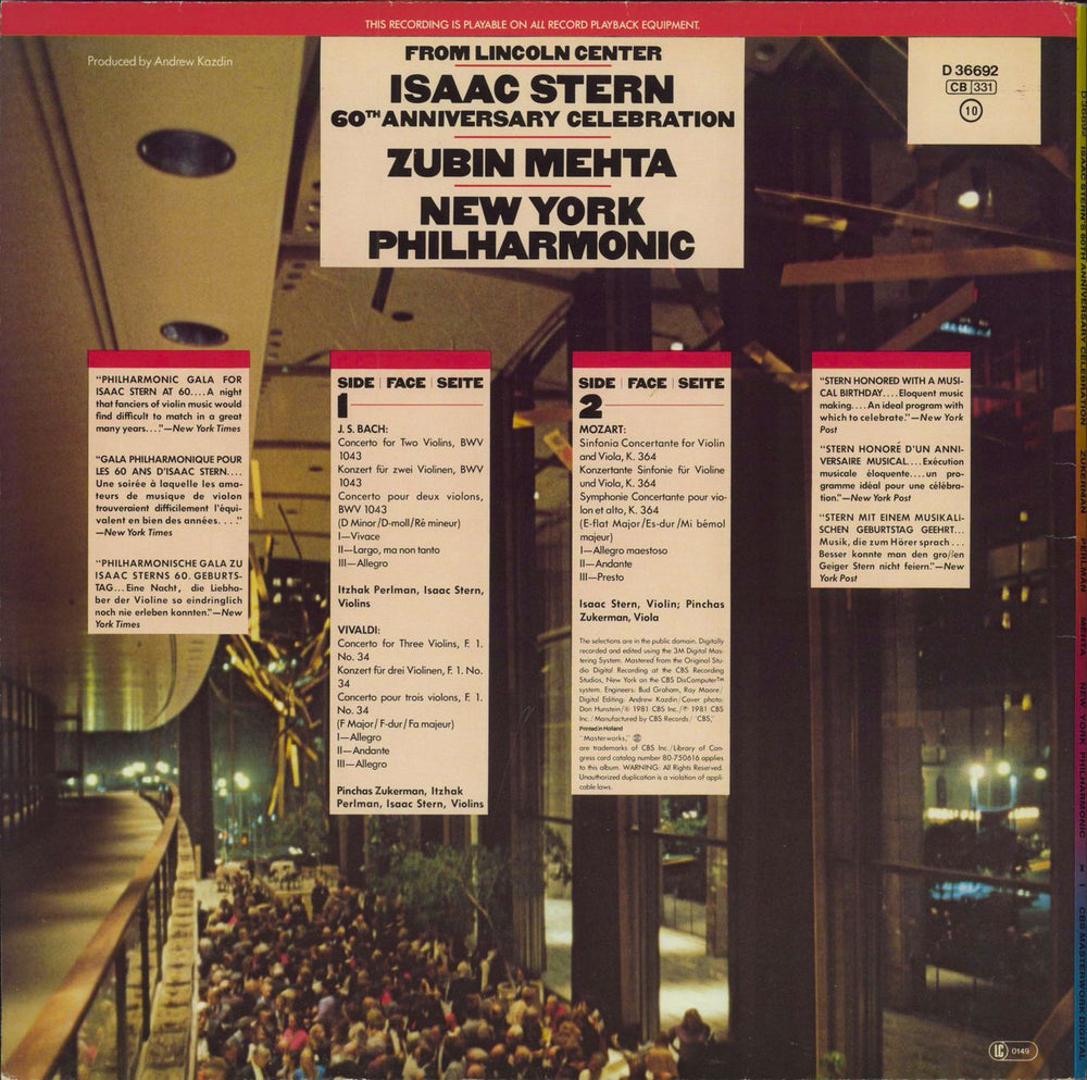 Isaac Stern From Lincoln Center Isaac Stern 60th Anniversary Celebration German vinyl LP album (LP record)