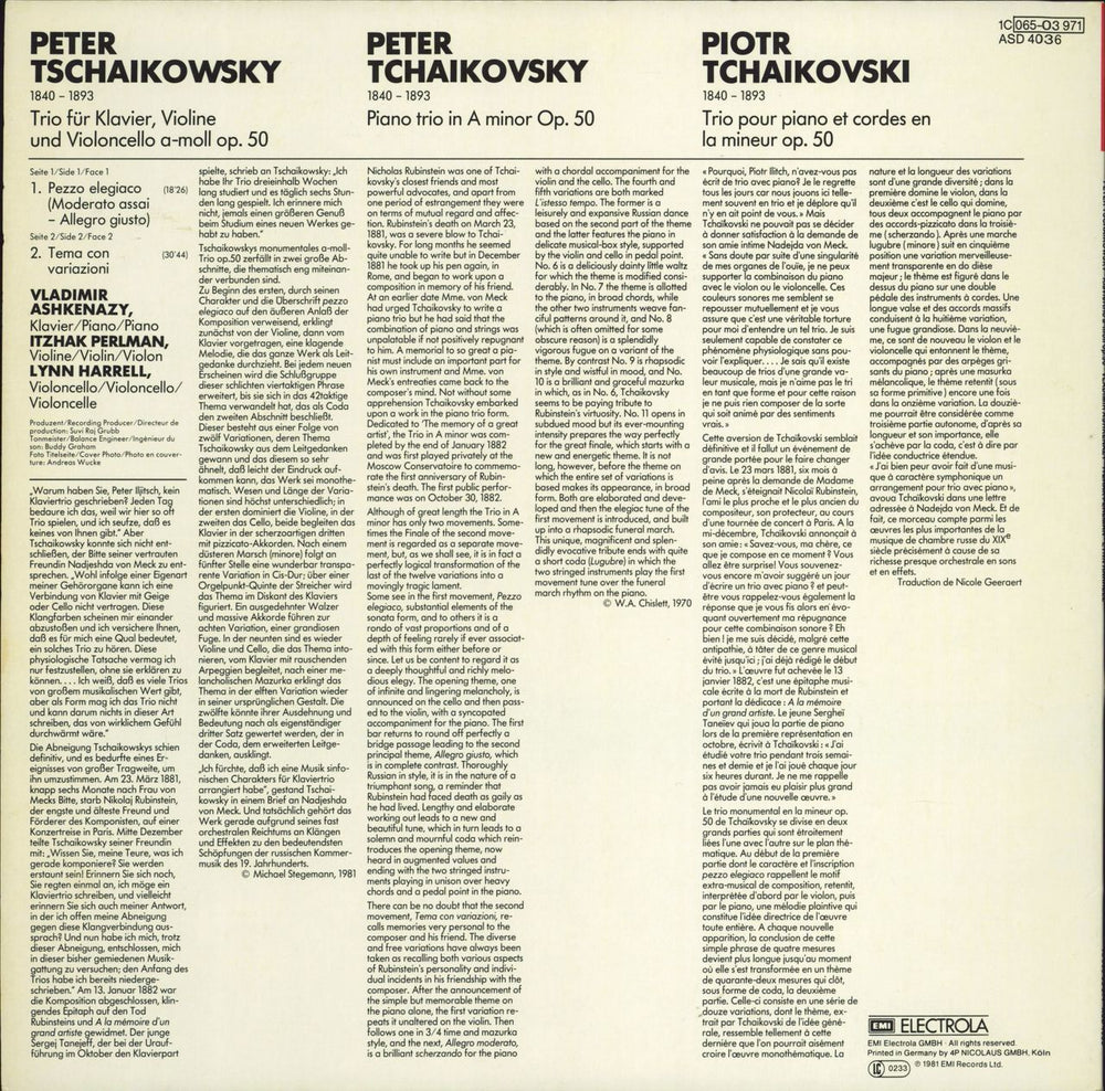 Itzhak Perlman & Vladimir Ashkenazy Tschaikowsky: Klaviertrio German vinyl LP album (LP record)