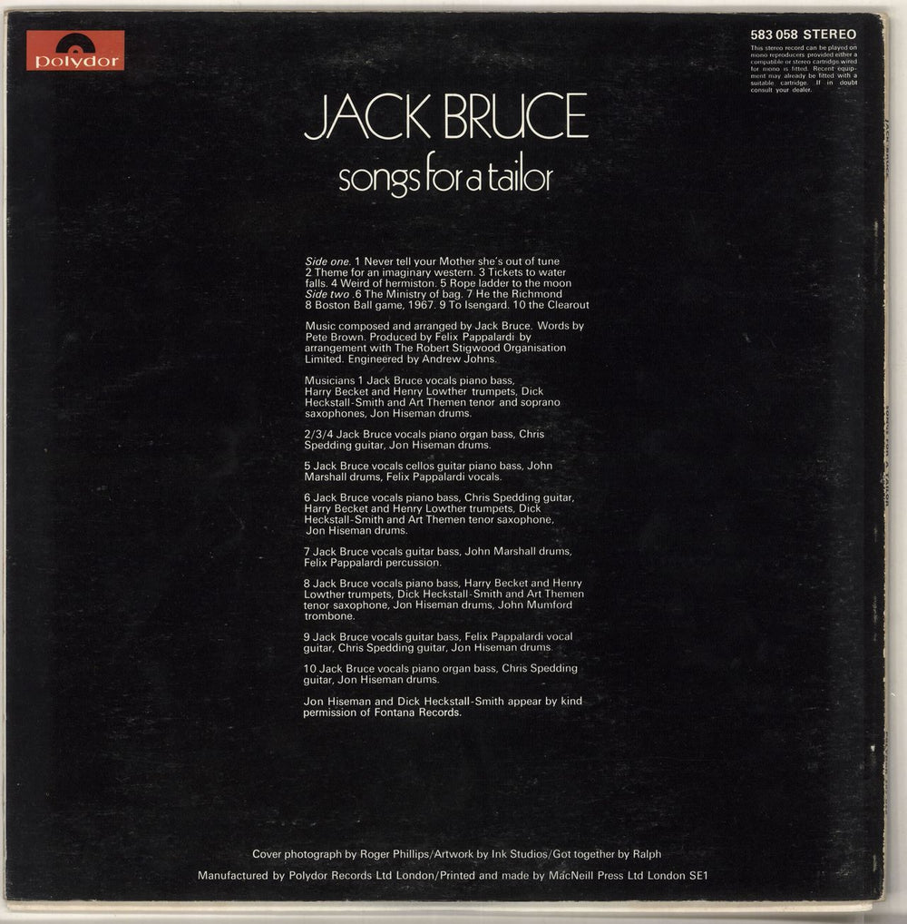 Jack Bruce Songs For A Tailor - EX UK vinyl LP album (LP record) J-BLPSO729925