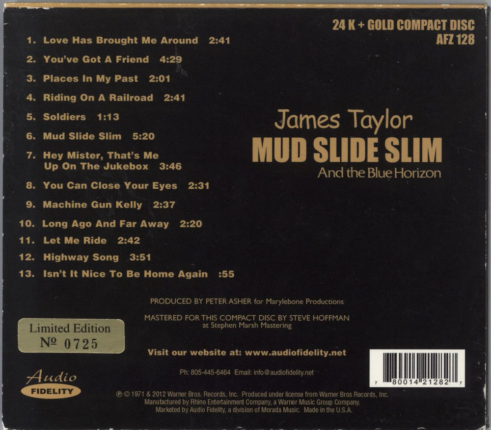 James Taylor Mud Slide Slim And The Blue Horizon US CD album (CDLP)