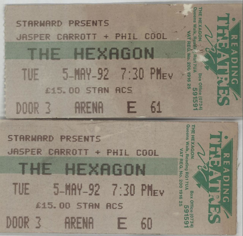 Jasper Carrott The Hexagon, Reading 5-May-92 UK concert ticket TICKET STUBS