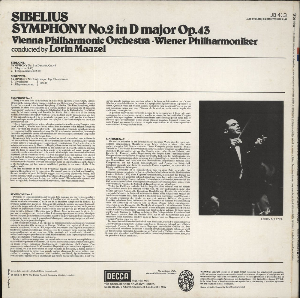 Jean Sibelius Sibelius: Symphony No. 2 UK vinyl LP album (LP record)