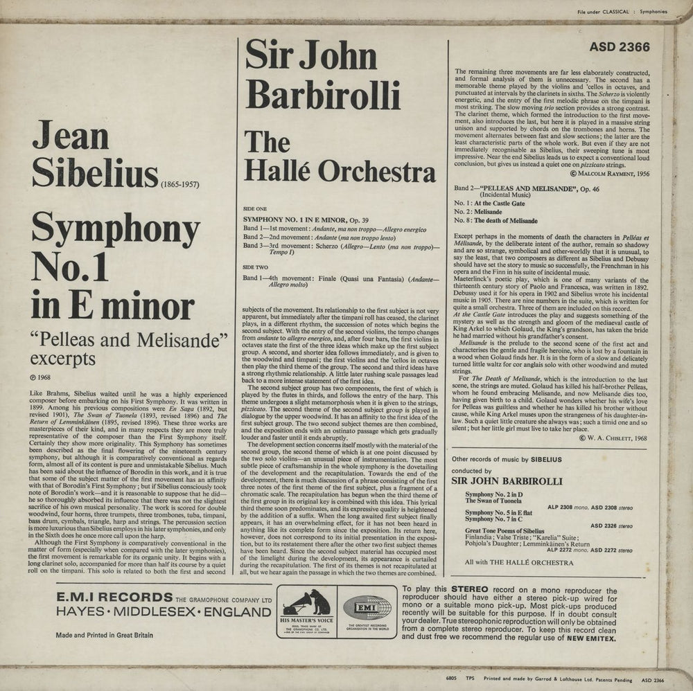 Jean Sibelius Symphony No. 1 In E Minor - 1st S/C UK vinyl LP album (LP record)