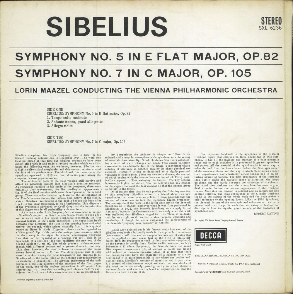 Jean Sibelius Symphony No. 5 / Symphony No. 7 - 1st UK vinyl LP album (LP record)