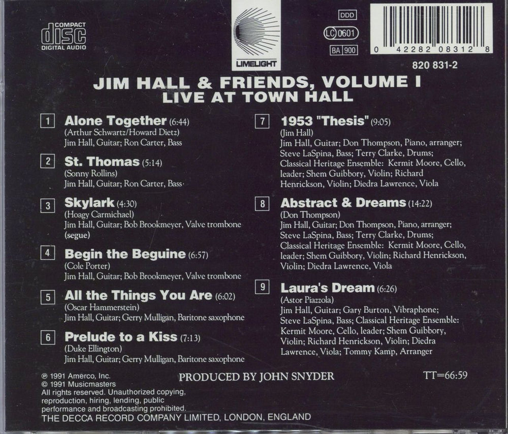 Jim Hall Live At Town Hall UK CD album (CDLP) 042282083128