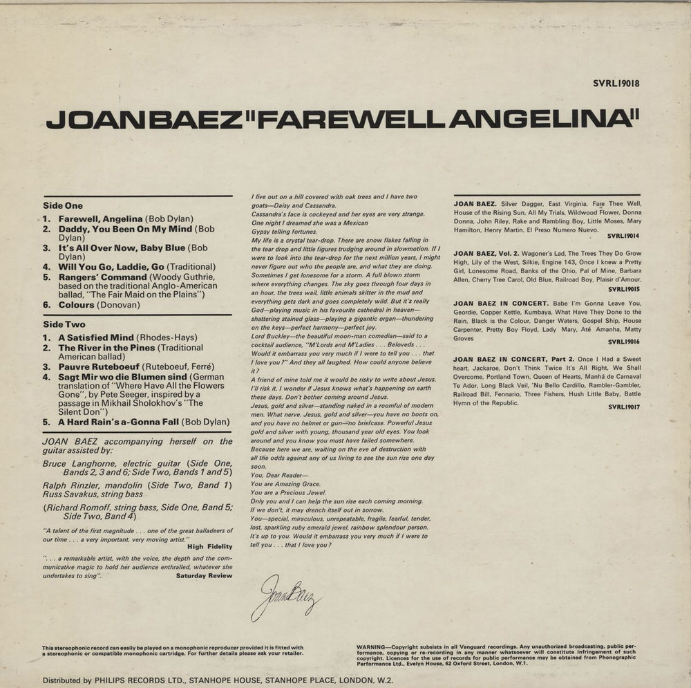 Joan Baez Farewell, Angelina UK vinyl LP album (LP record)