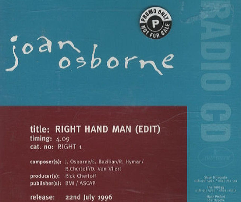 Joan Osborne Right Hand Man UK Promo CD single (CD5 / 5") RIGHT1