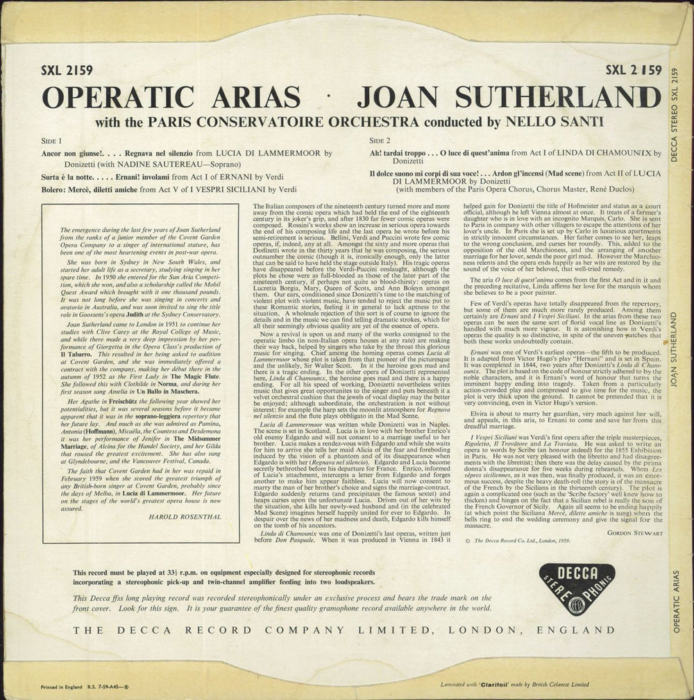 Joan Sutherland Operatic Arias UK vinyl LP album (LP record)