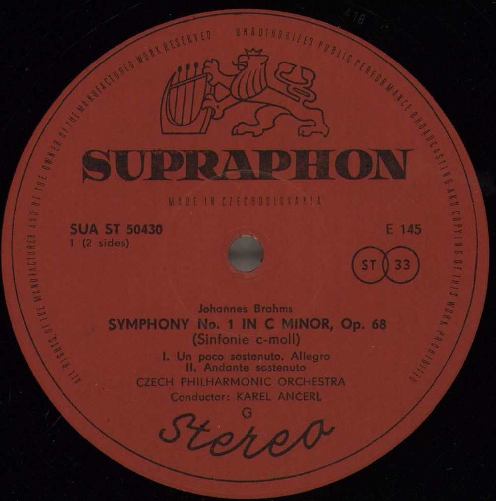 Johannes Brahms Symphony No. 1 in C Minor, Op.68 Czech vinyl LP album (LP record) B10LPSY752281