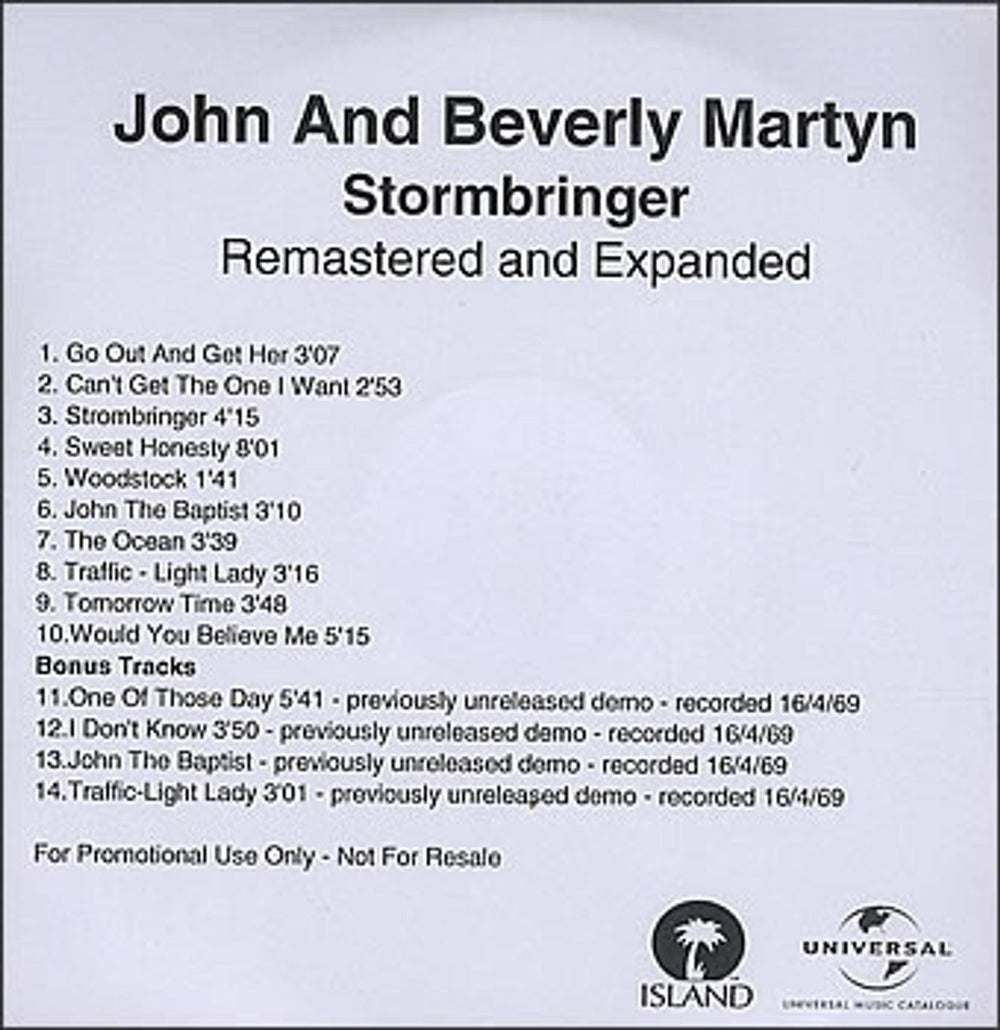 John & Beverley Martyn Stormbringer & The Road To Ruin UK Promo CD-R acetate CDR