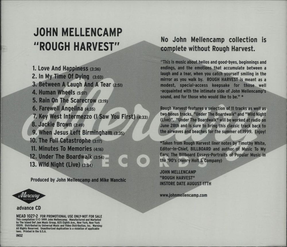 John Cougar Mellencamp Rough Harvest US Promo CD album (CDLP) MECD-1027-2