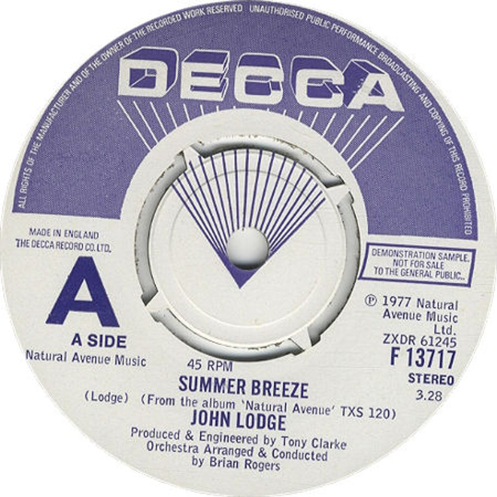 John Lodge Summer Breeze - A Label UK Promo 7" vinyl single (7 inch record / 45) F13717