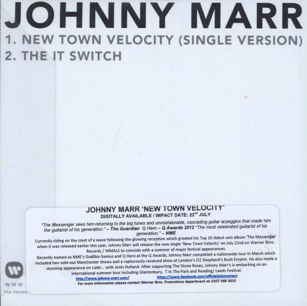 Johnny Marr New Town Velocity UK Promo CD-R acetate