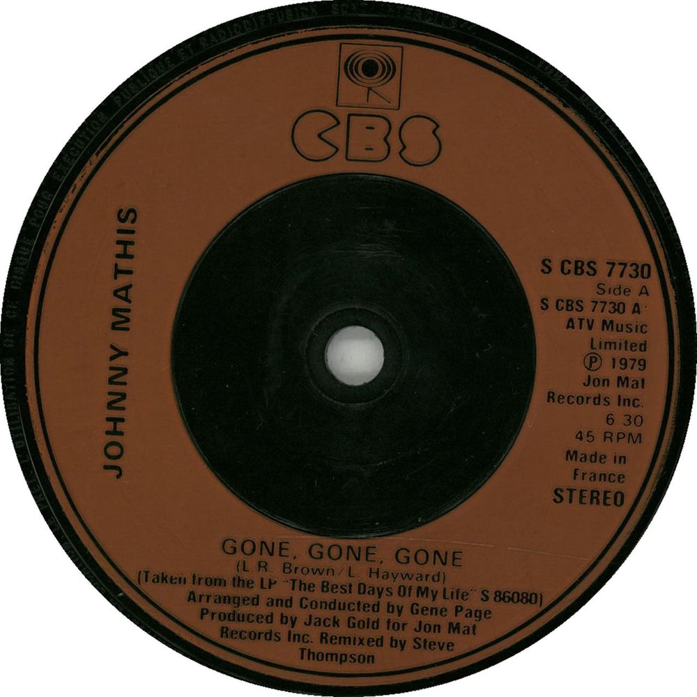 Johnny Mathis Gone, Gone, Gone - Injection UK 7" vinyl single (7 inch record / 45) SCBS7730