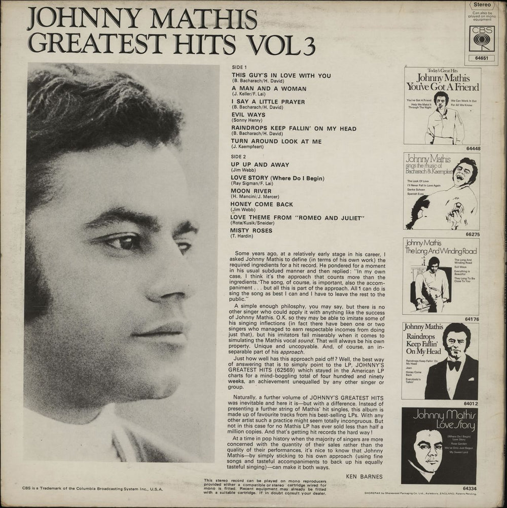 Johnny Mathis Greatest Hits Volume 3 UK vinyl LP album (LP record)