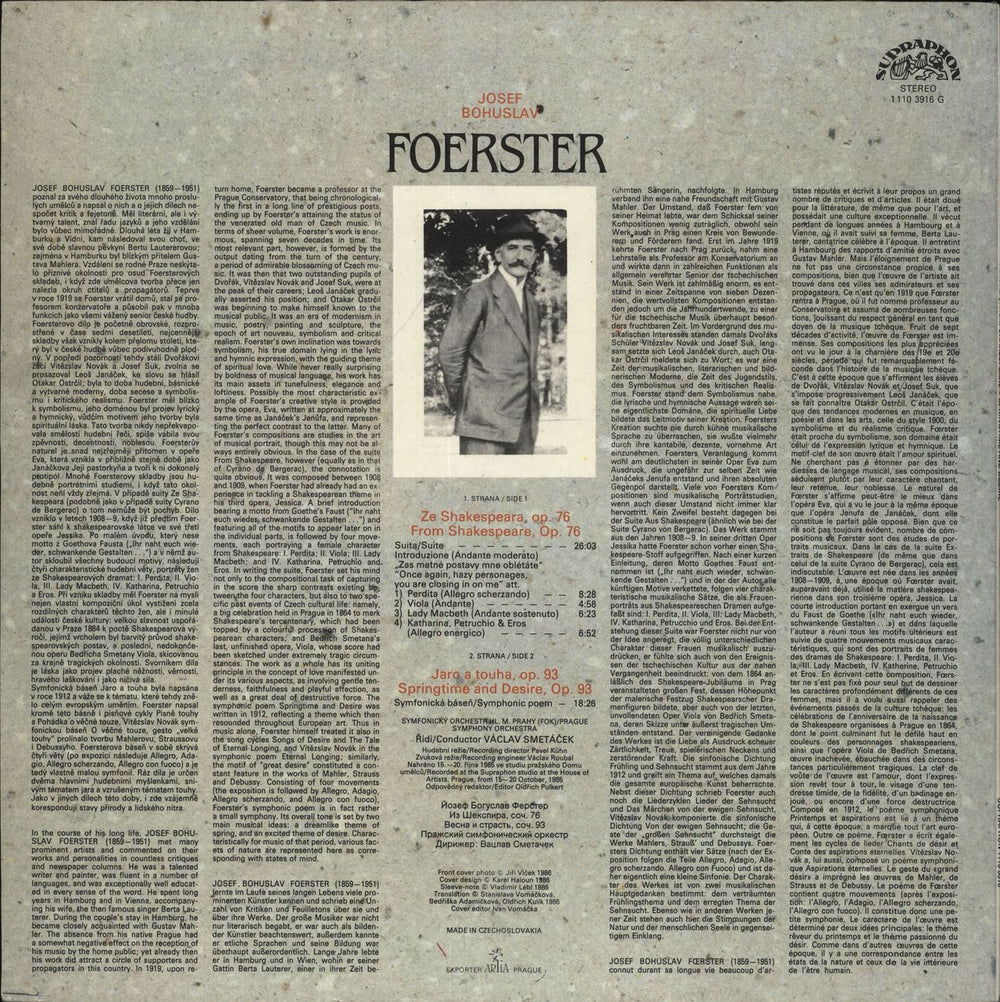 Josef Bohuslav Foerster Ze Shakespeara, Op.76 / Jaro A Touha, Op.93 Czech vinyl LP album (LP record)