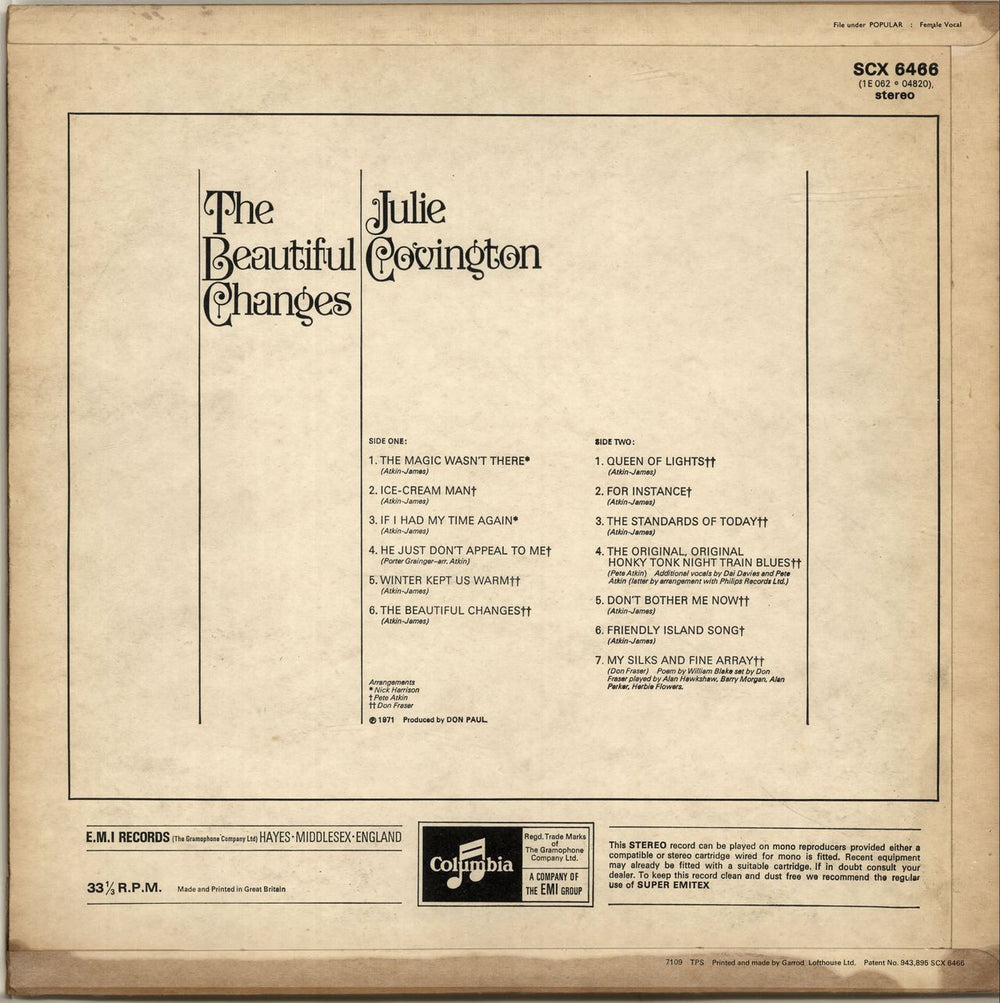 Julie Covington The Beautiful Changes - Factory Sample UK vinyl LP album (LP record) JAOLPTH699213