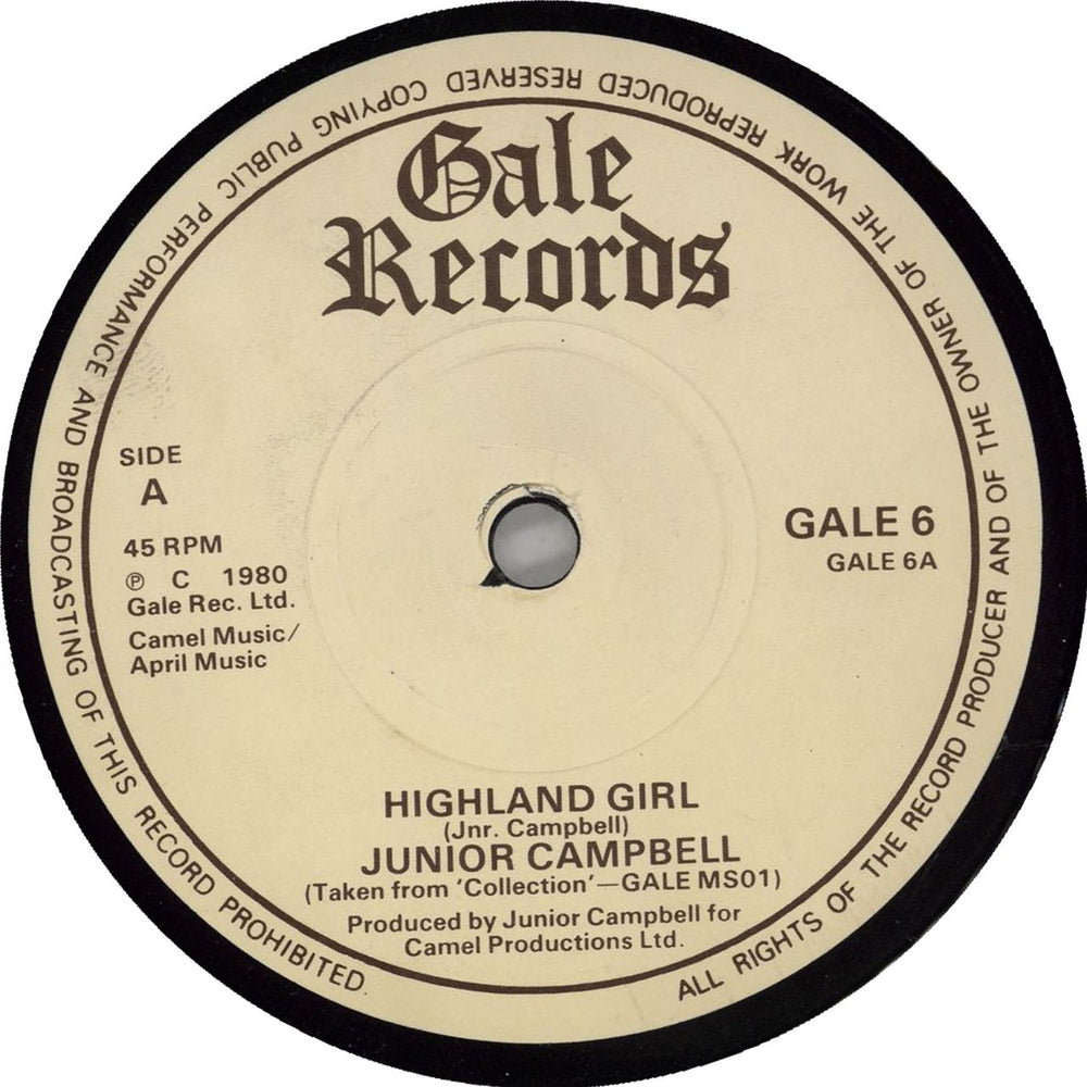 Junior Campbell Highland Girl UK 7" vinyl single (7 inch record / 45) GALE6