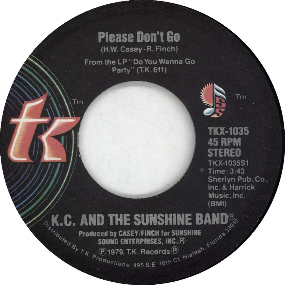 K.C. & The Sunshine Band Please Don't Go US 7" vinyl single (7 inch record / 45) TKX-1035