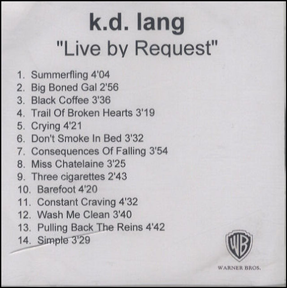 K.D. Lang Live By Request US Promo CD-R acetate CDR ACETATE