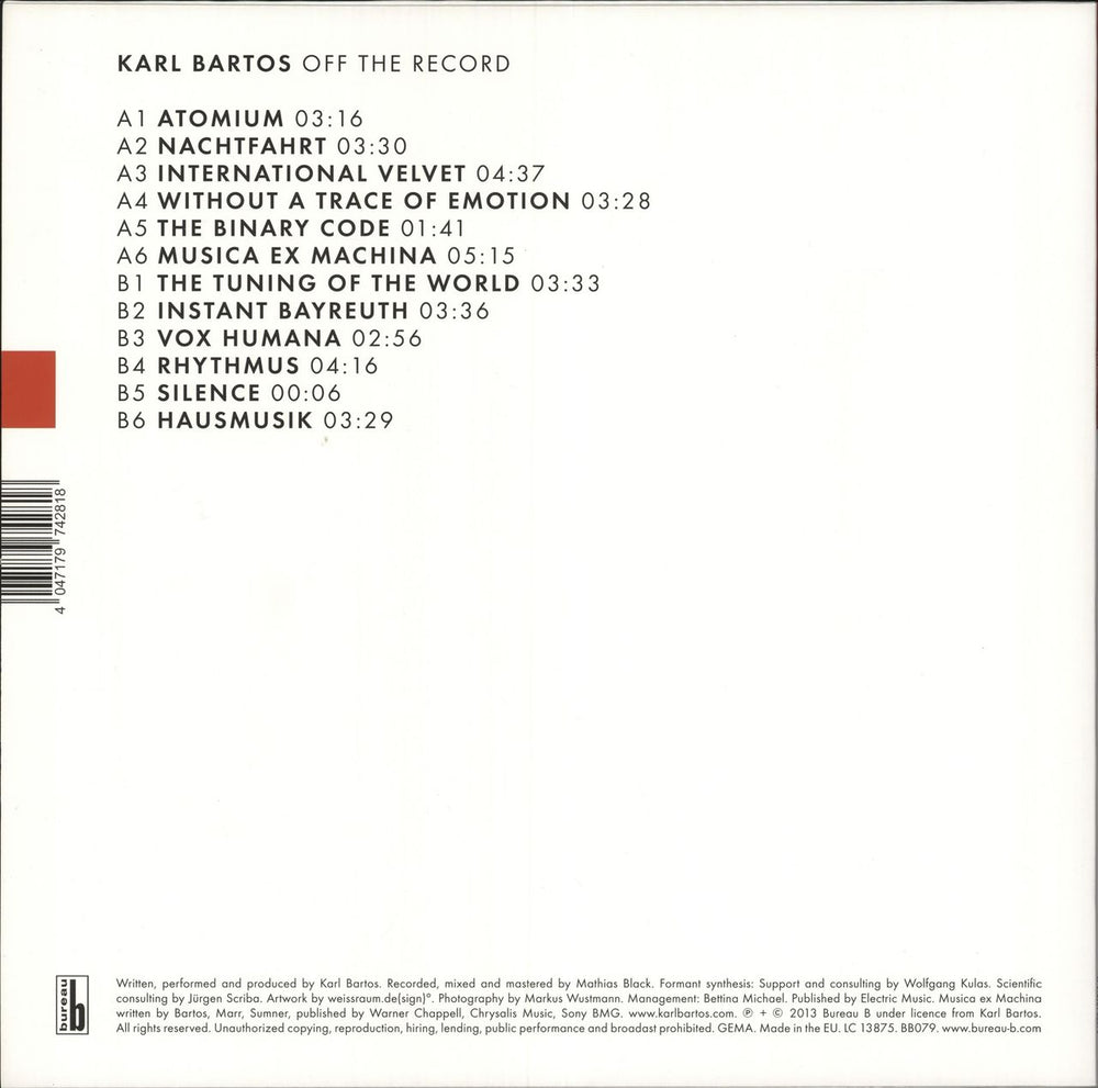 Karl Bartos Off The Record - 180gm Vinyl + Bonus CD German vinyl LP album (LP record) 4047179742818