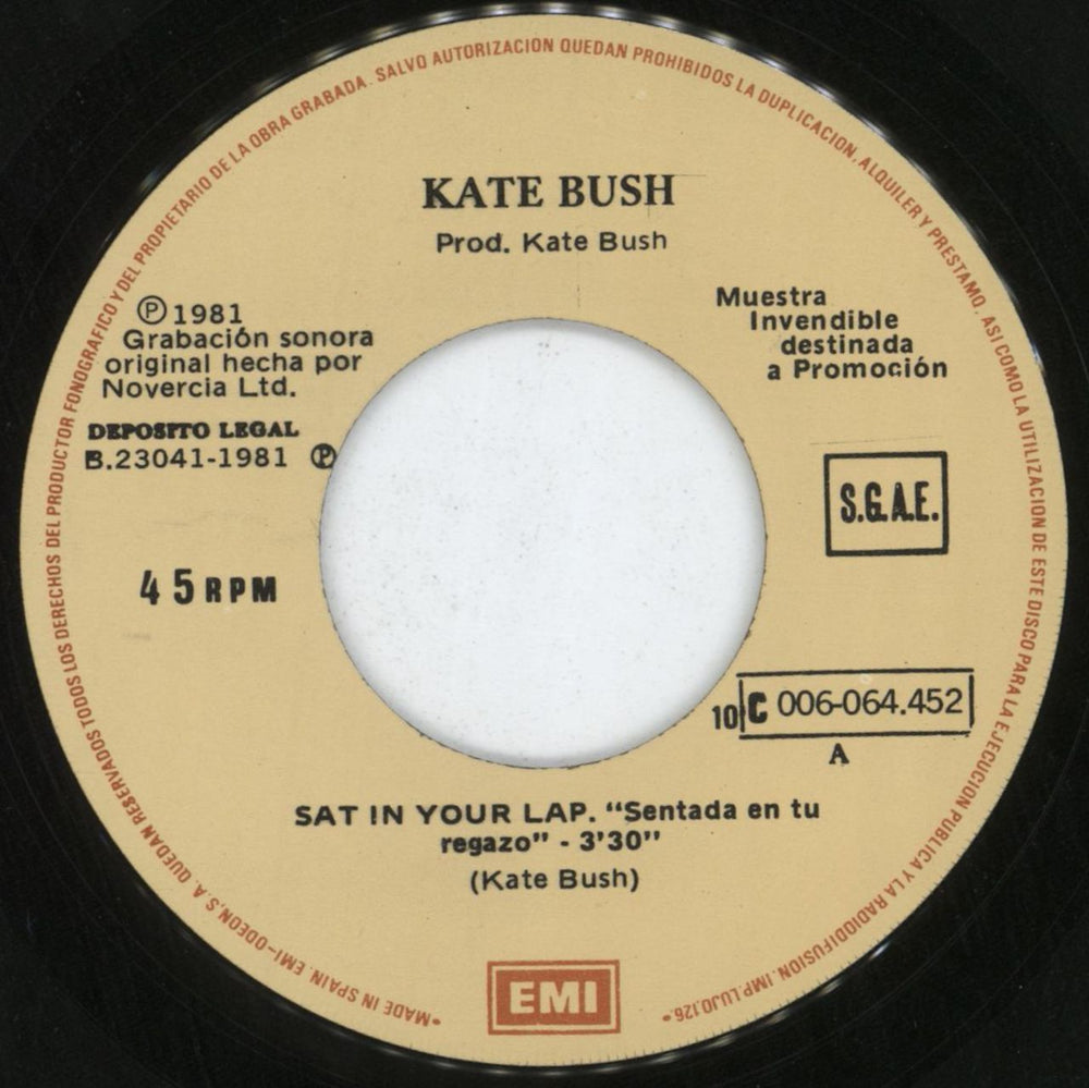 Kate Bush Sat In Your Lap (Sentada En Tu Regazo) Spanish Promo 7" vinyl single (7 inch record / 45) BUS07SA92104