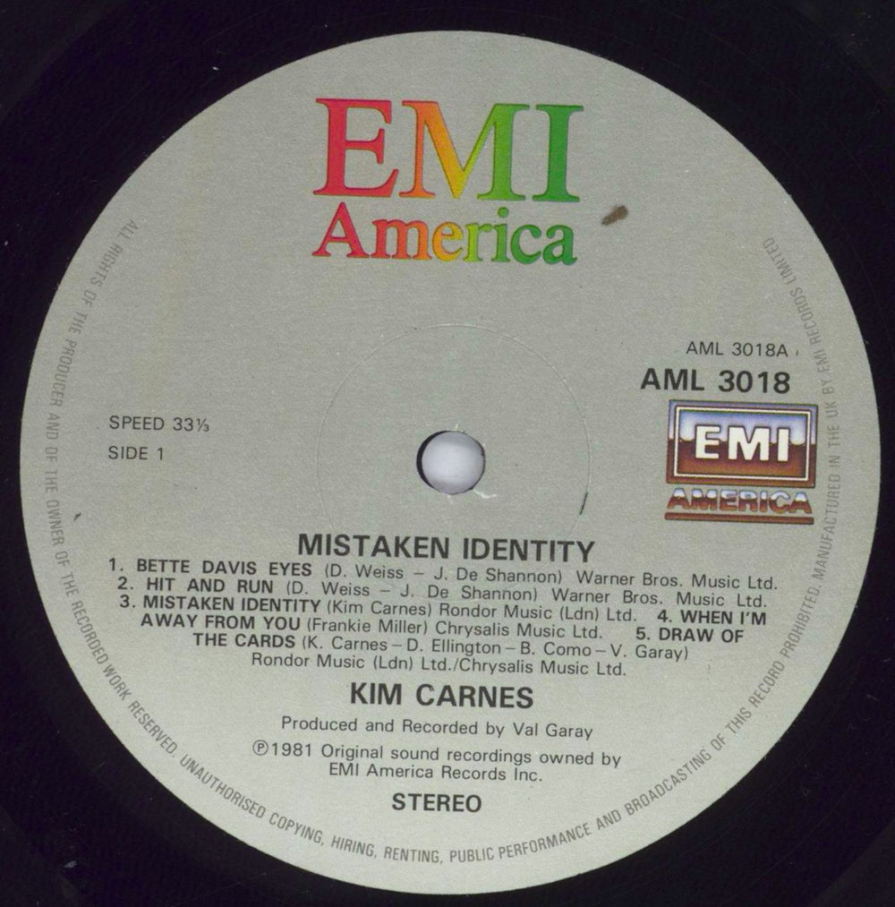 Kim Carnes Mistaken Identity UK vinyl LP album (LP record) CNSLPMI831901