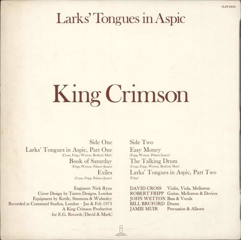 King Crimson Larks' Tongues In Aspic - VG UK vinyl LP album (LP record)