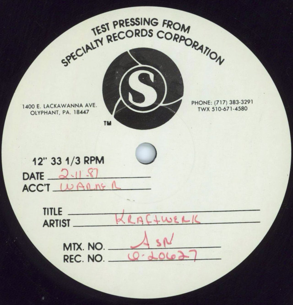 Kraftwerk The Telephone Call - Test Pressing US 12" vinyl single (12 inch record / Maxi-single) 920627