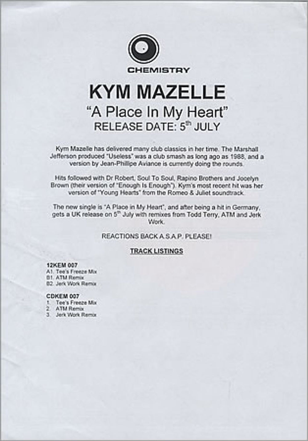 Kym Mazelle A Place In My Heart UK Promo 12" vinyl single (12 inch record / Maxi-single) 12KEMDJ007