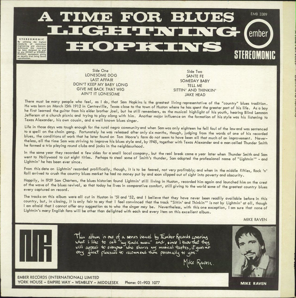 Lightnin' Hopkins A Time For Blues UK vinyl LP album (LP record)